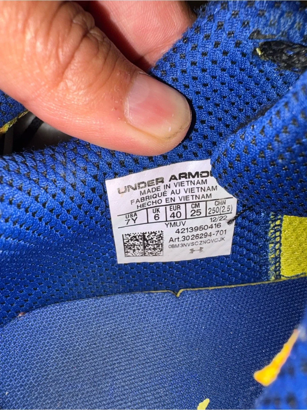 Under Armour Blue and Yellow Kids' Athletic Shoe